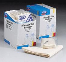 36 in. x36 in. x51 in. Triangular sling-bandage- w- 2 safety pins- 20 per dispenser box