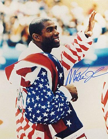 Magic Johnson Signed 16X20 Photo - Close Up Olympic Flag