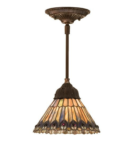 8 Inch W Tiffany Jeweled Peacock Mini Pendant Ceiling Fixture