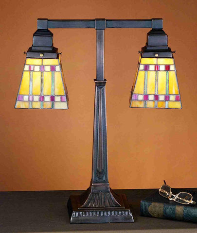 19.5 Inch 2 Arm (14 Inch W) Mission Base-2 Inch Fitter-7 Inch Flw Prairie Corn-2 Inch Ring Shade*2 Table Lamps