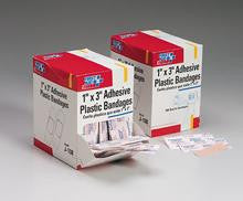 1 in. x3 in.  Plastic bandage- 500 per dispenser box