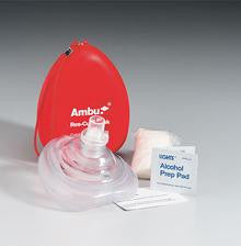 Ambue Res-cue CPR mask kit includes CPR mouth barrier- 2 gloves- 2 alcohol cleansing pads in a reusable plasti