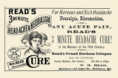 Reads 3 minute Head-Ache & Neuralgia Cure 20x30 poster