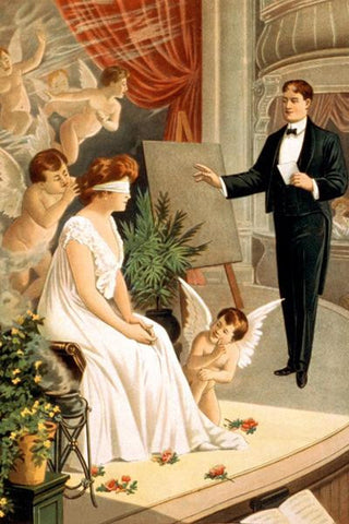 Hypnotist and blindfolded woman with angels on stage 20x30 poster