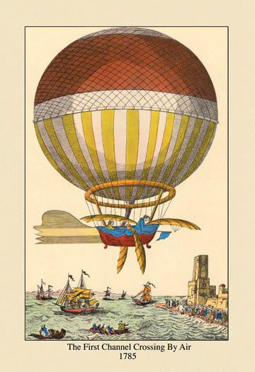 First Channel Crossing by Air, 1785 - Ballon with paddles Crosses the English Channel in Illustration with shi