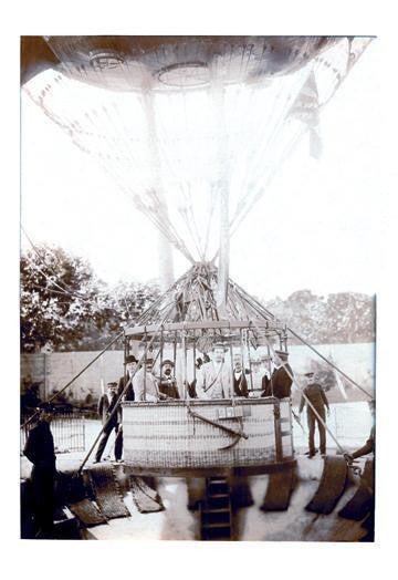 Balloon Expedition; Photographic representation of Men about to lift of in a basket turn of the century 20x30