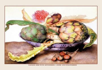 A Chinese Dish With Artichokes, a Rose and Strawberries 20x30 poster