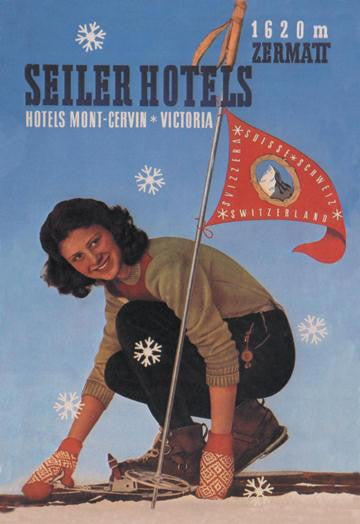 Seiler Hotel: Woman Adjusting Skis 20x30 poster