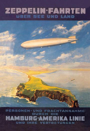 Zeppelin Fahrten Uber See und Land - Hamburg America Lines Flies over the ocean and isthmus 20x30 poster