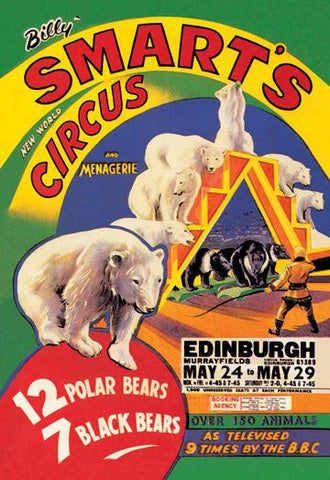 Billy Smart&#39;s New World Circus and Menagerie: 12 Polar Bears, 7 Black Bears 20x30 poster