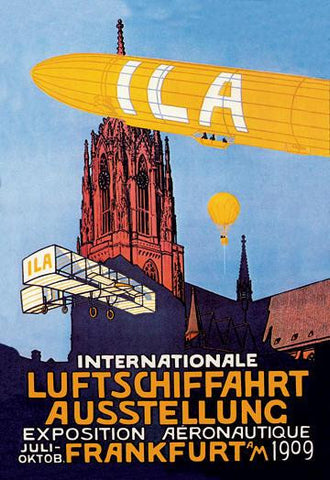 I.L.A. - Airship  Balloon and Plane Fly over a Cathedral in Frankfort wor an aeronautical exposition 28x42 Gic