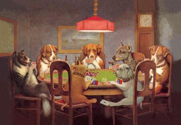 Passing the Ace Under the Table (Dog Poker) 12x18 Giclee on canvas