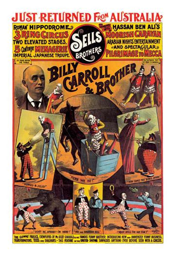 Billy Carroll and Brother (Clowns): Sells Brothers Circus 12x18 Giclee on canvas