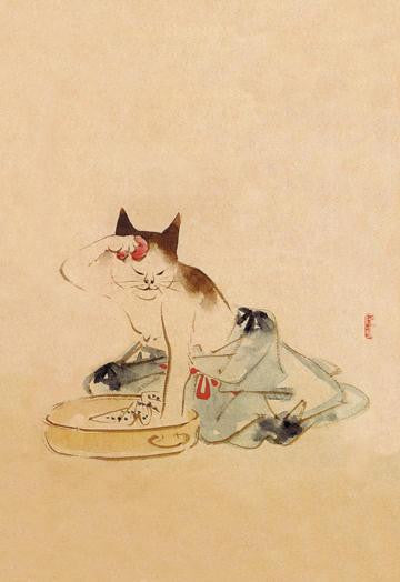 Japanese Cat Bathing 12x18 Giclee on canvas