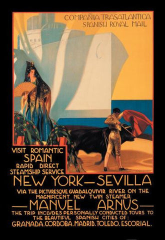 Visit Romantic Spain: Rapid Direct Steamship Service from New York to Sevilla 12x18 Giclee on canvas