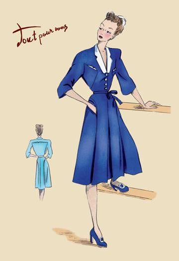 Blue Daytime Dress with Collar and Belt 12x18 Giclee on canvas