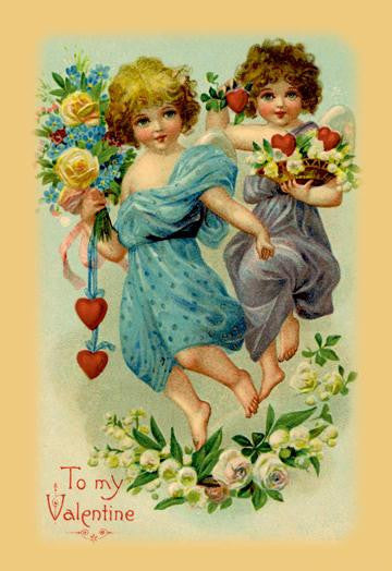 Two Angel Girls With Flowers 12x18 Giclee on canvas