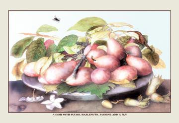 A Dish of Plums  Nuts  Jasmine and a Fly 12x18 Giclee on canvas