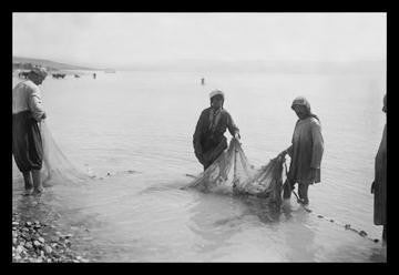 Fisherman Toiling with the Nets on the Sea of Galilee 12x18 Giclee on canvas