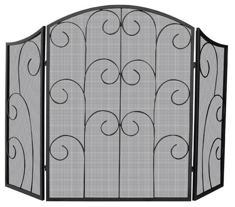 3 Panel Black Wrought Iron Screen With Decorative Scroll