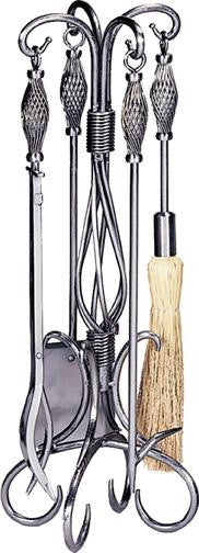 5 Pc Pewter W.I. Fireset W- Birdcage Handle