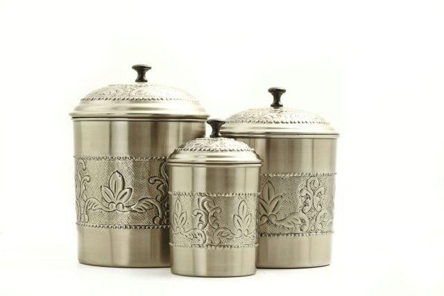 Set 3 Antique Embossed Pewter Canisters 5.5Qt-4Qt-3Qt