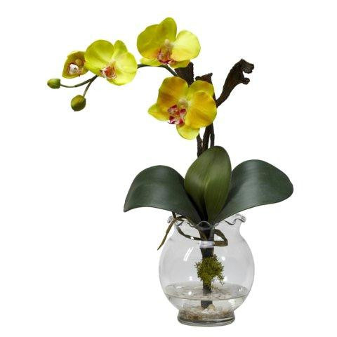 Yellow Mini Phalaenopsis w-Fluted Vase Silk Flower Arrangement