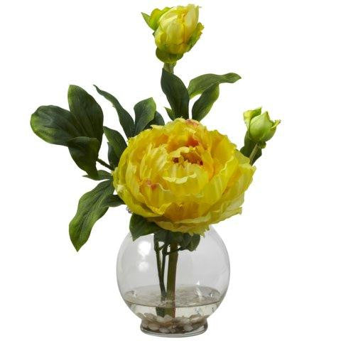 Yellow Peony w-Fluted Vase Silk Flower Arrangement