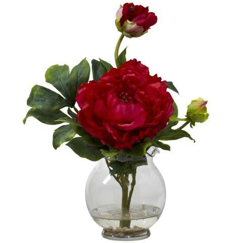 Red Peony w-Fluted Vase Silk Flower Arrangement