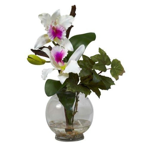 White Mini Cattleya w-Fluted Vase Silk Flower Arrangement