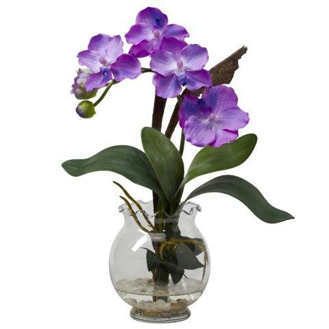 Purple Mini Vanda w-Fluted Vase Silk Flower Arrangement