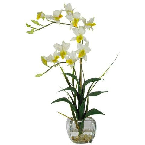 Cream Dendrobium w-Glass Vase Silk Flower Arrangement