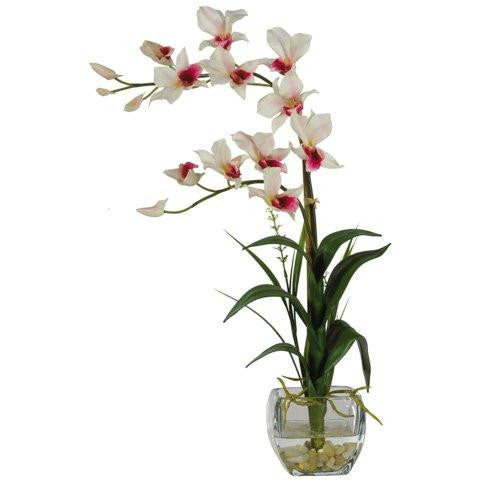 White Dendrobium w-Glass Vase Silk Flower Arrangement