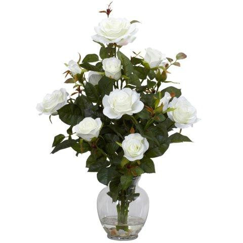 White Rose Bush w-Vase Silk Flower Arrangement