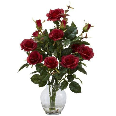 Red Rose Bush w-Vase Silk Flower Arrangement