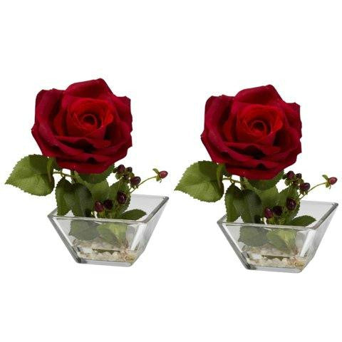 Rose w-Square Vase Silk Flower Arrangement (Set of 2)