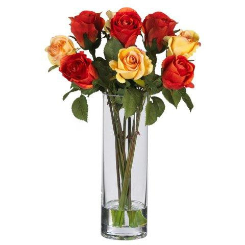 Roses w-Glass Vase Silk Flower Arrangement