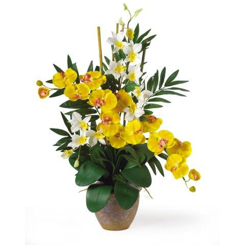 Yellow-Cream Double Phal-Dendrobium Silk Flower Arrangement