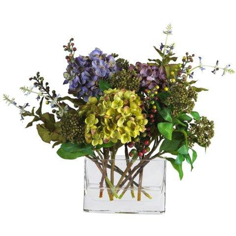 Mixed Hydrangea w-Rectangle Vase Silk Flower Arrangement