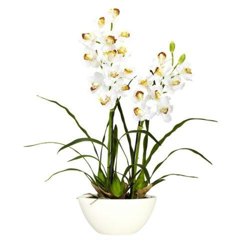 Cymbidium w-White Vase Silk Flower Arrangement