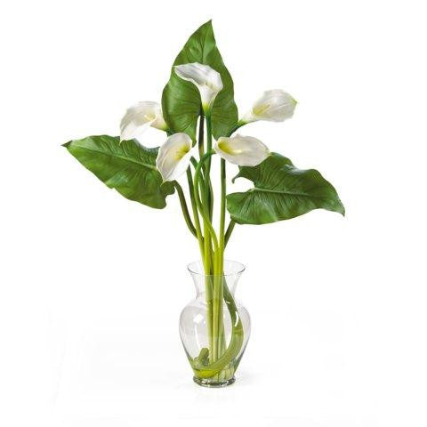 Cream Calla Lilly Liquid Illusion w-Leaves Silk Flower Arrangement