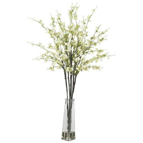 White Cherry Blossoms w-Vase Silk Flower Arrangement