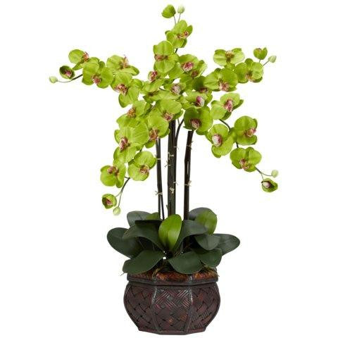 Green Phalaenopsis w-Decorative Vase Silk Flower Arrangement