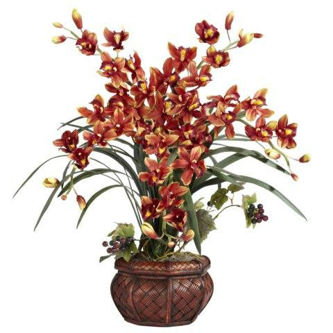 Burgundy Cymbidium w-Decorative Vase Silk Arrangement