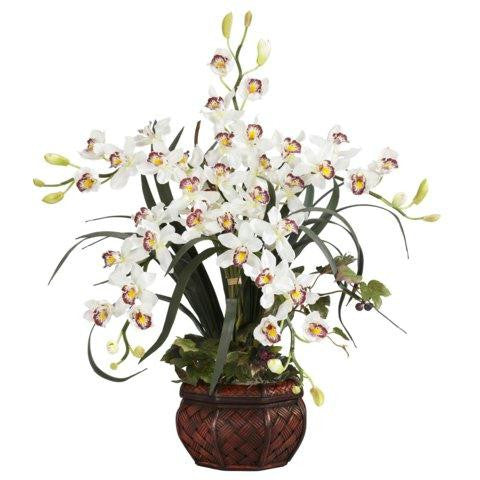 White Cymbidium w-Decorative Vase Silk Arrangement