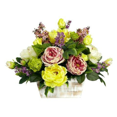 Mixed Floral w-White Wash Planter Silk Arrangement