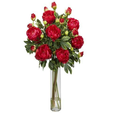 Red Peony w-Cylinder Silk Flower Arrangement