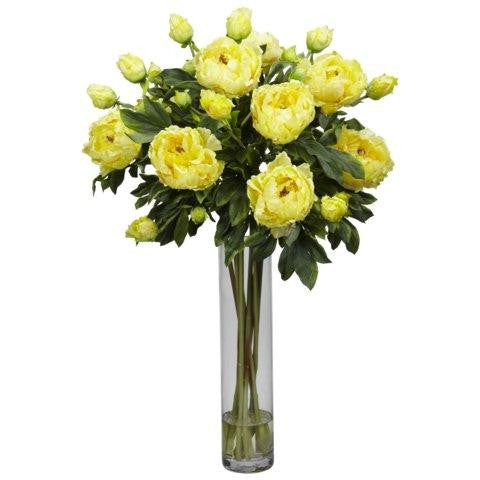 Yellow Peony w-Cylinder Silk Flower Arrangement