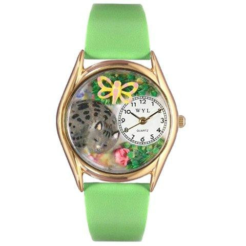 Whimsical Womens Cat Nap Green Leather Watch