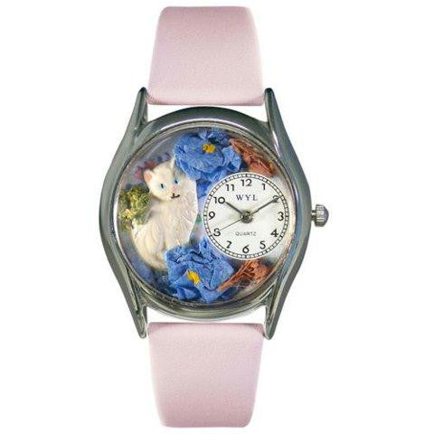 Whimsical Womens White Cat Pink Leather Watch